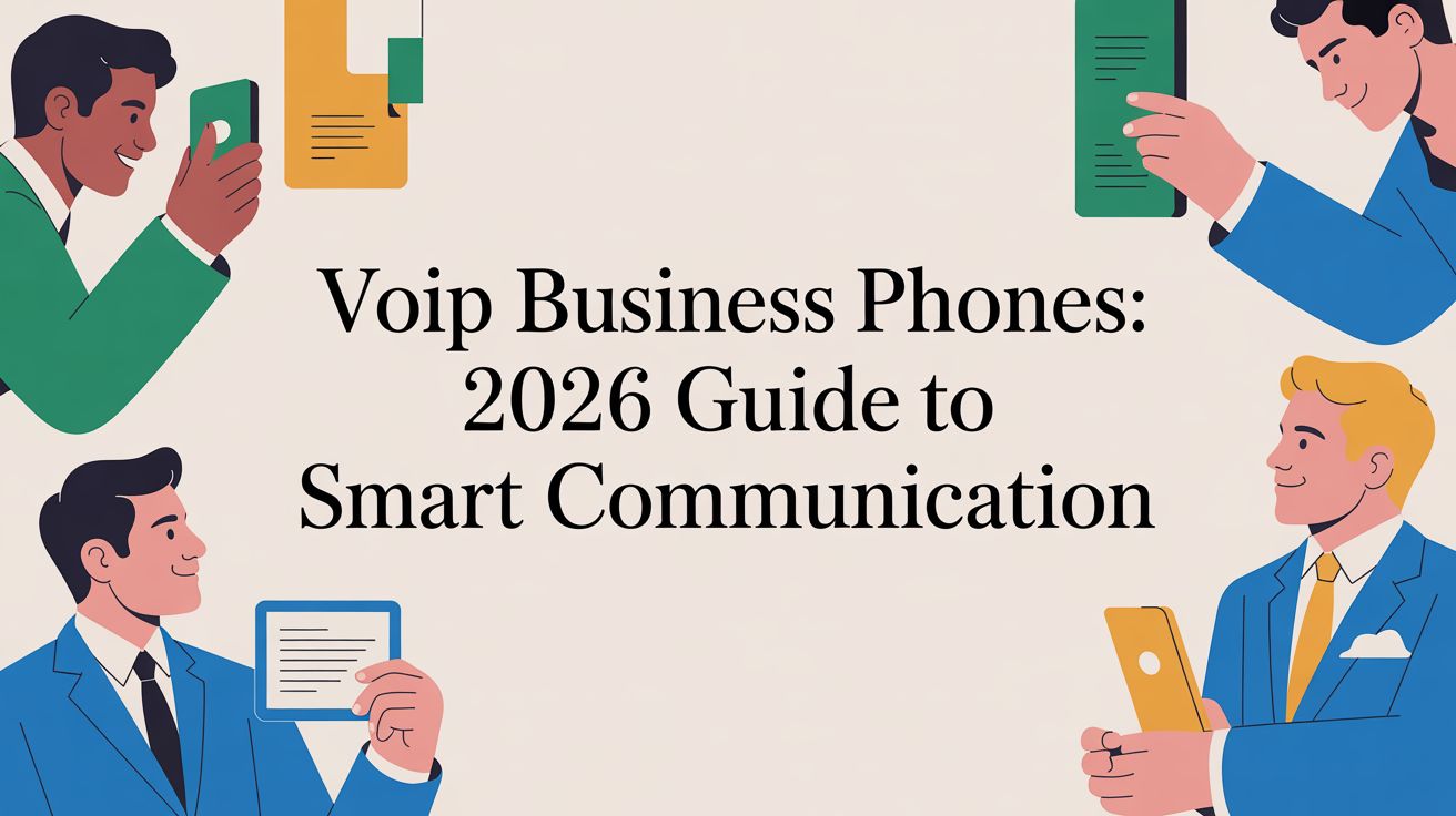 Four illustrated professionals holding phones and documents surround the title text, “VoIP Business Phones: 2026 Guide to Smart Communication,” against a light background.