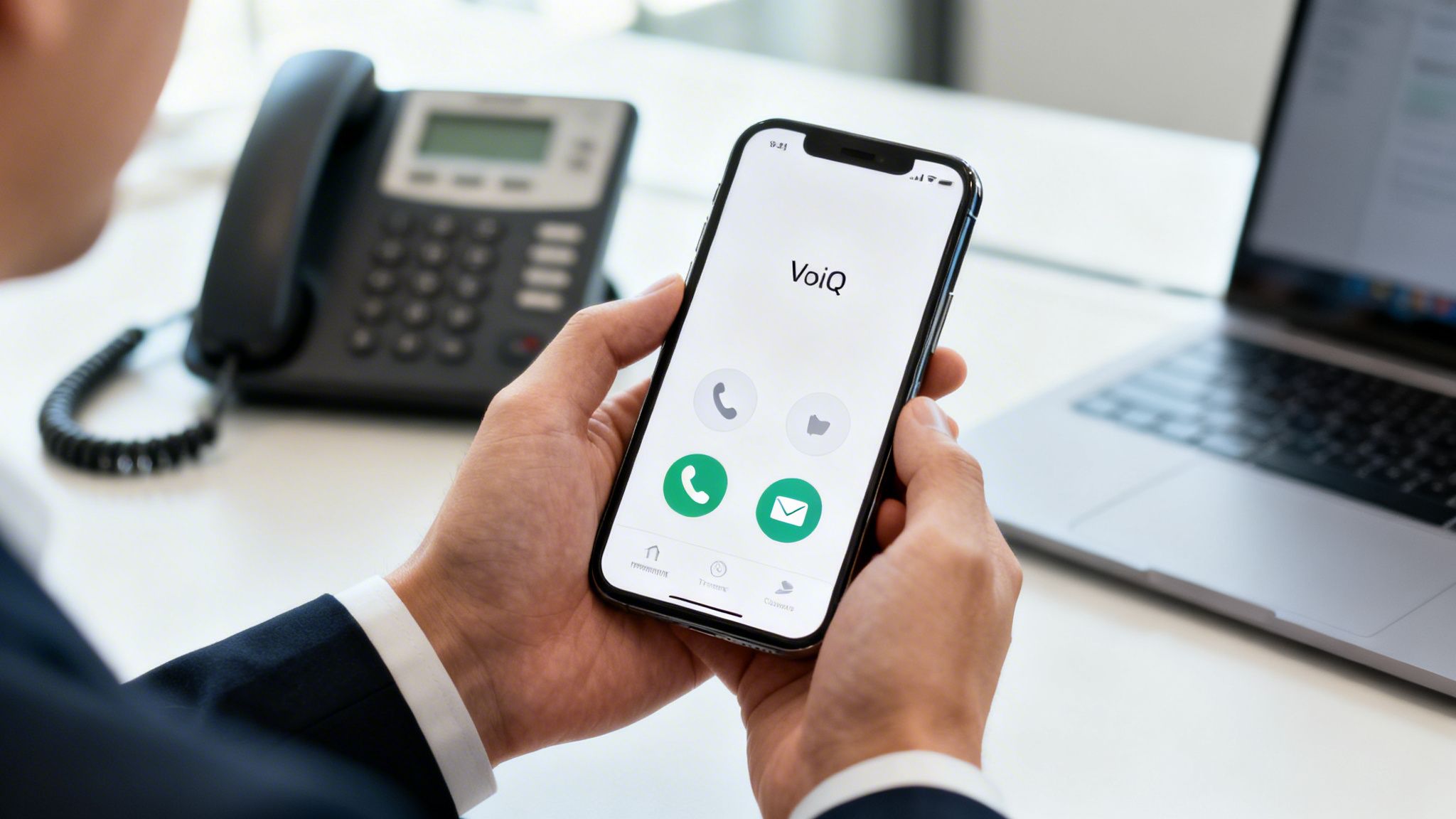 A person holds a smartphone displaying a VoiQ app with call icons, next to an office phone and laptop.