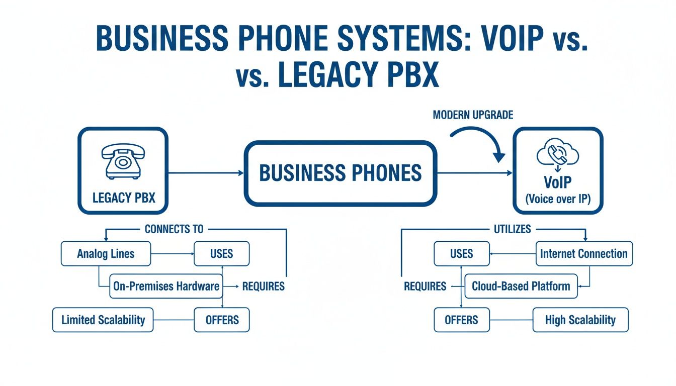 Diagram comparing business phone systems: Legacy PBX versus VoIP, detailing features and scalability differences.