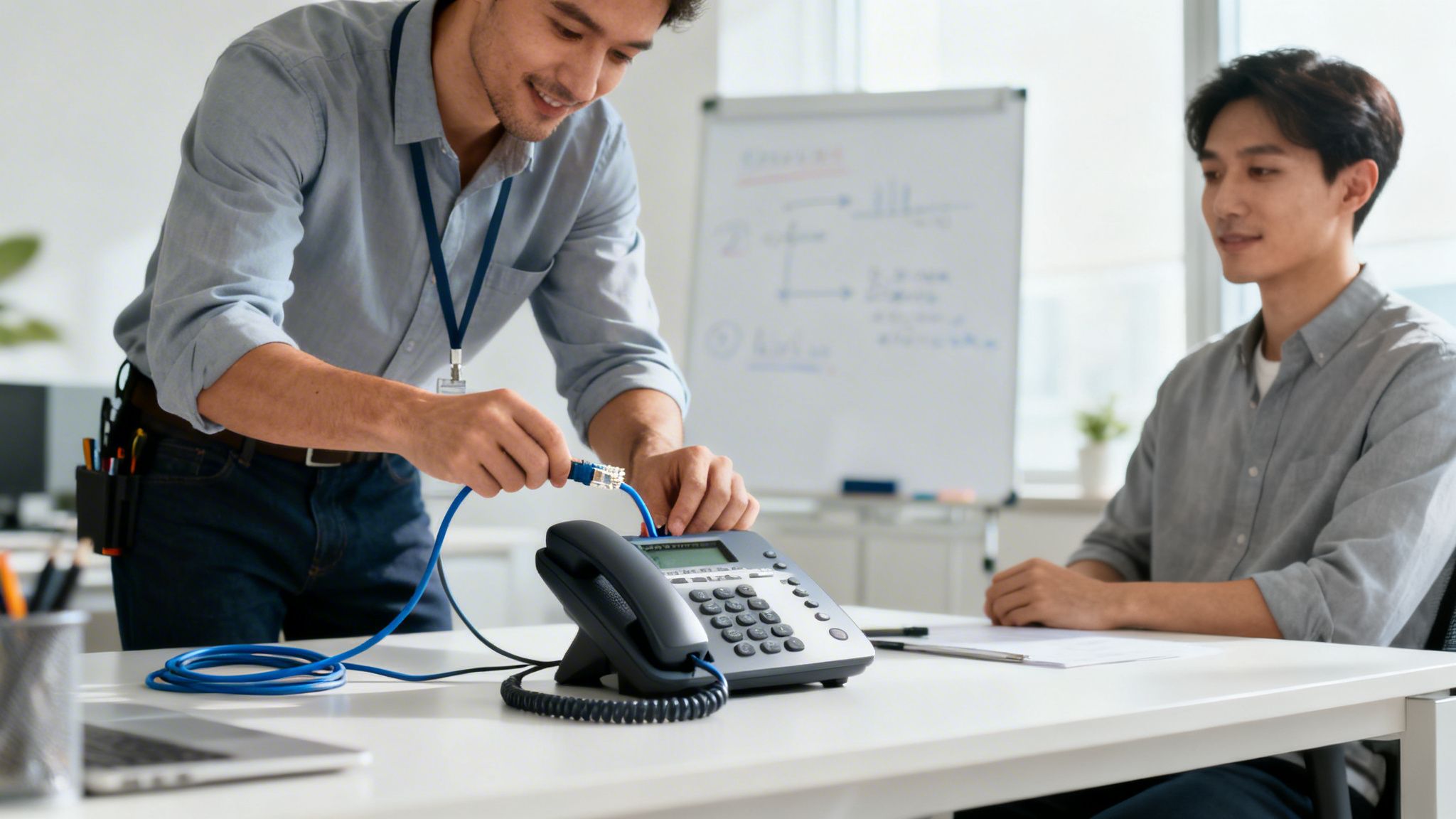 Technician connecting a network cable to a VoIP desk phone for office communication setup.