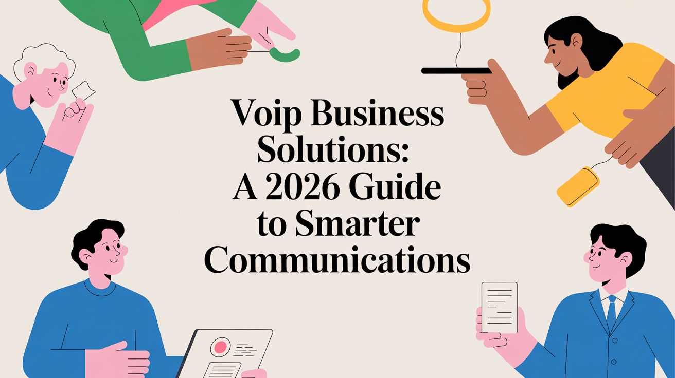 Illustration of five diverse people holding tech devices around the text VoIP Business Solutions: A 2026 Guide to Smarter Communications on a light background.
