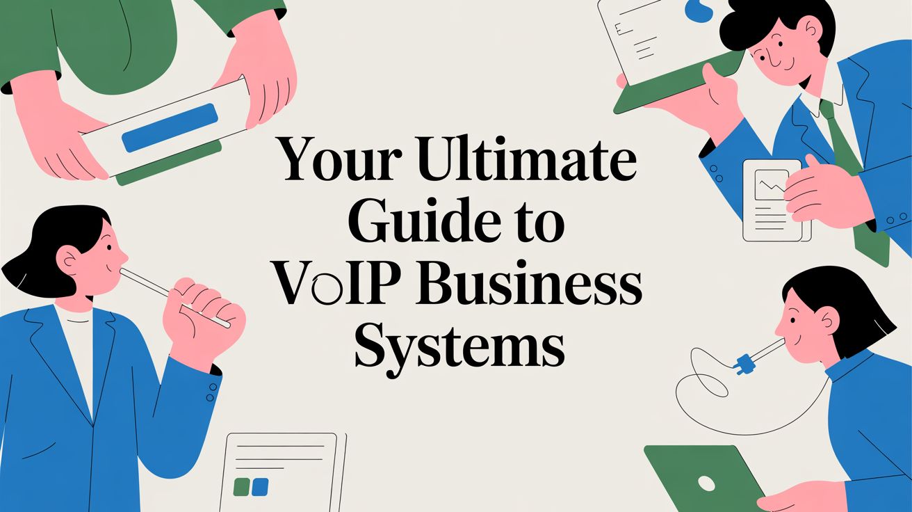 Four illustrated people in business attire interact with devices and office documents around the text Your Ultimate Guide to VoIP Business Systems displayed in the center.