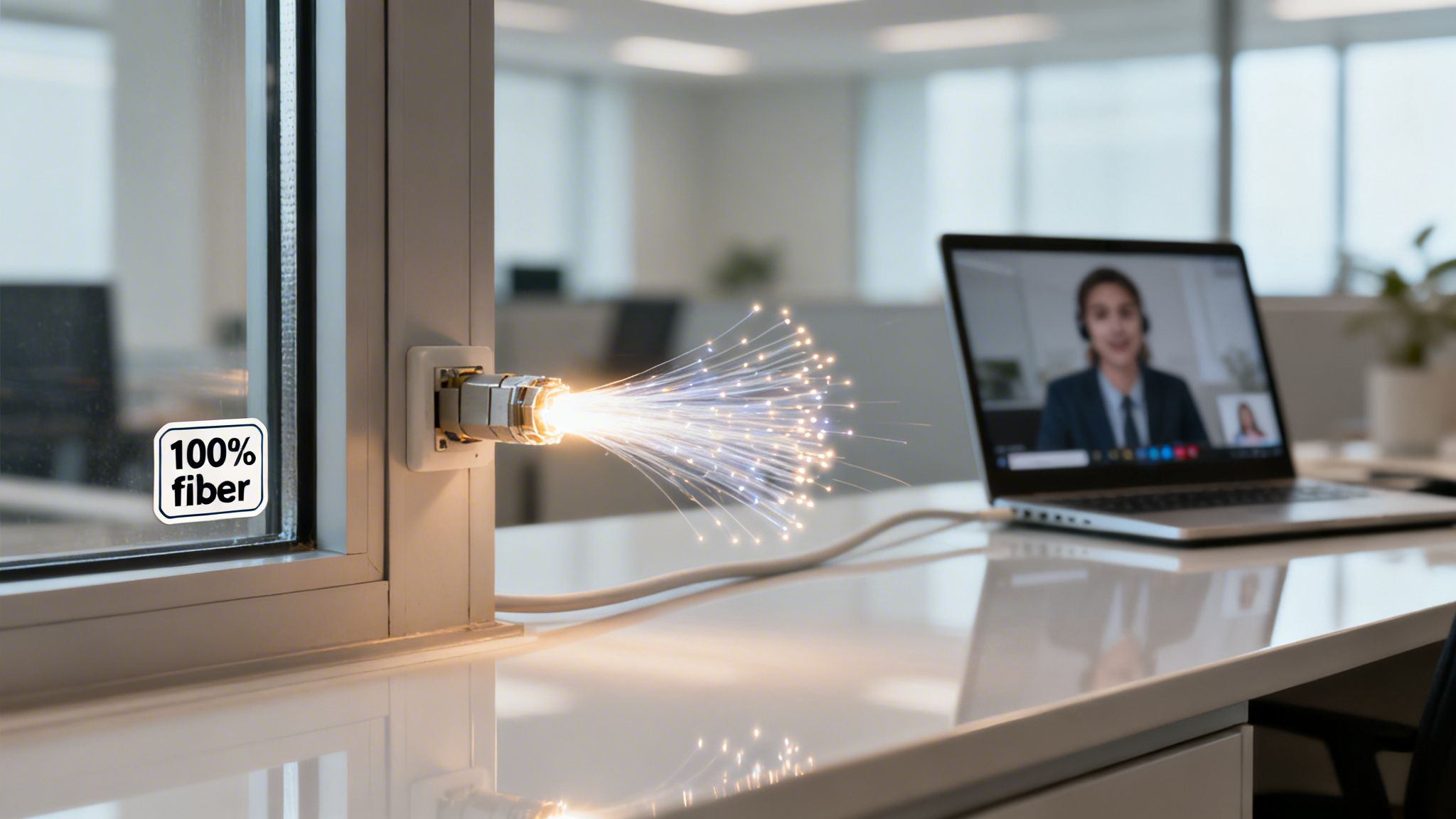 A glowing fiber optic connection powers a laptop displaying a video call in a bright office.