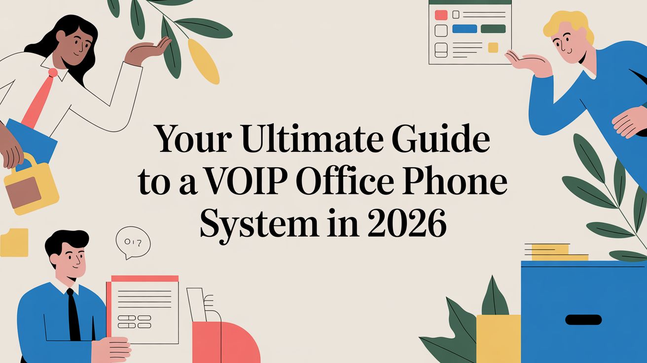Three illustrated people hold office items around the text “Your Ultimate Guide to a VOIP Office Phone System in 2026,” with plants, folders, and office supplies in the background.