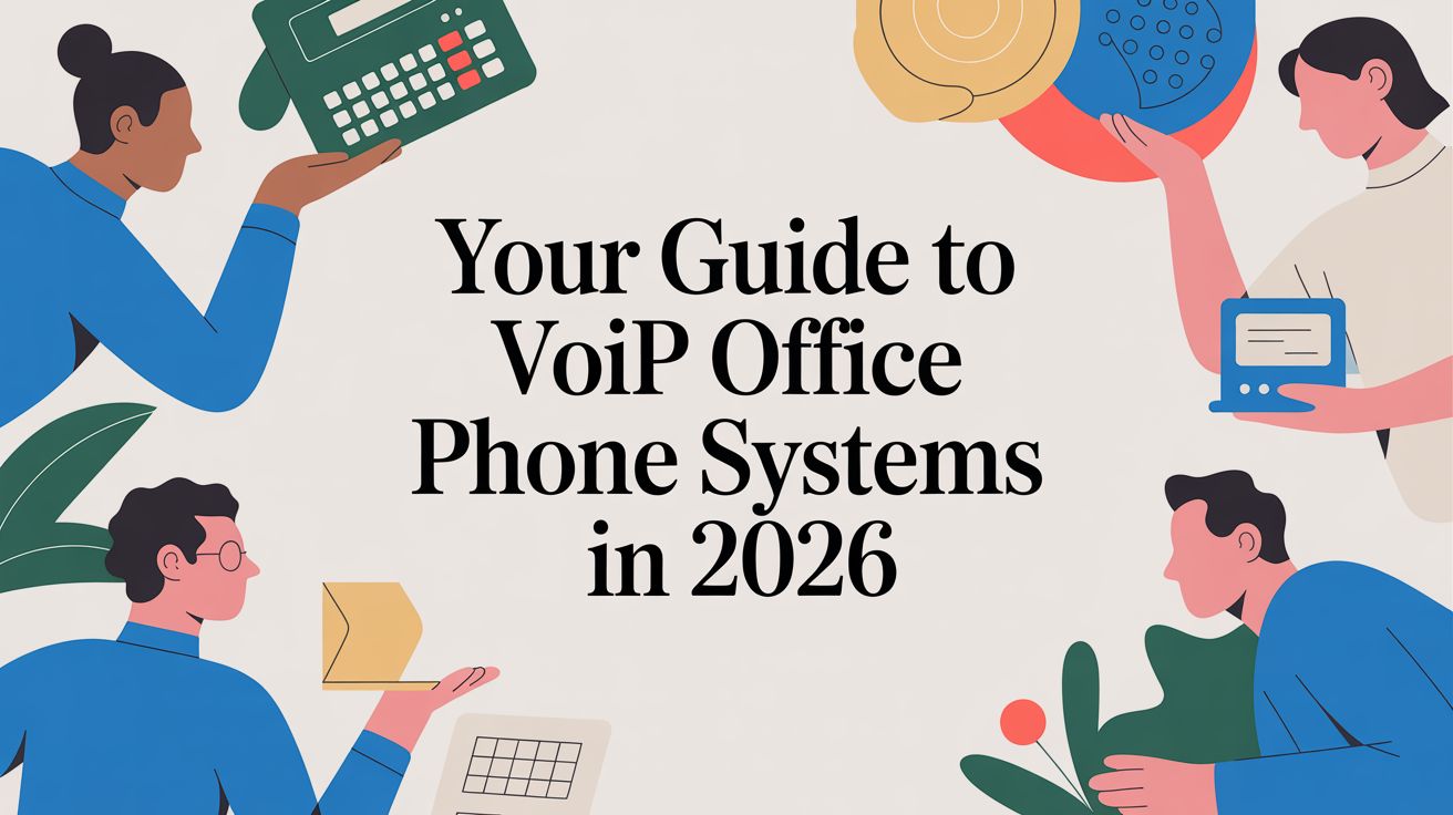 Four illustrated people surround the text Your Guide to VoIP Office Phone Systems in 2026, each holding office items like a calculator, envelope, and clipboard, with abstract shapes in the background.