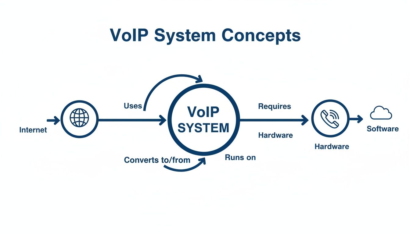 Diagram illustrating VoIP system concepts, showing its connection to the internet, hardware, and software.