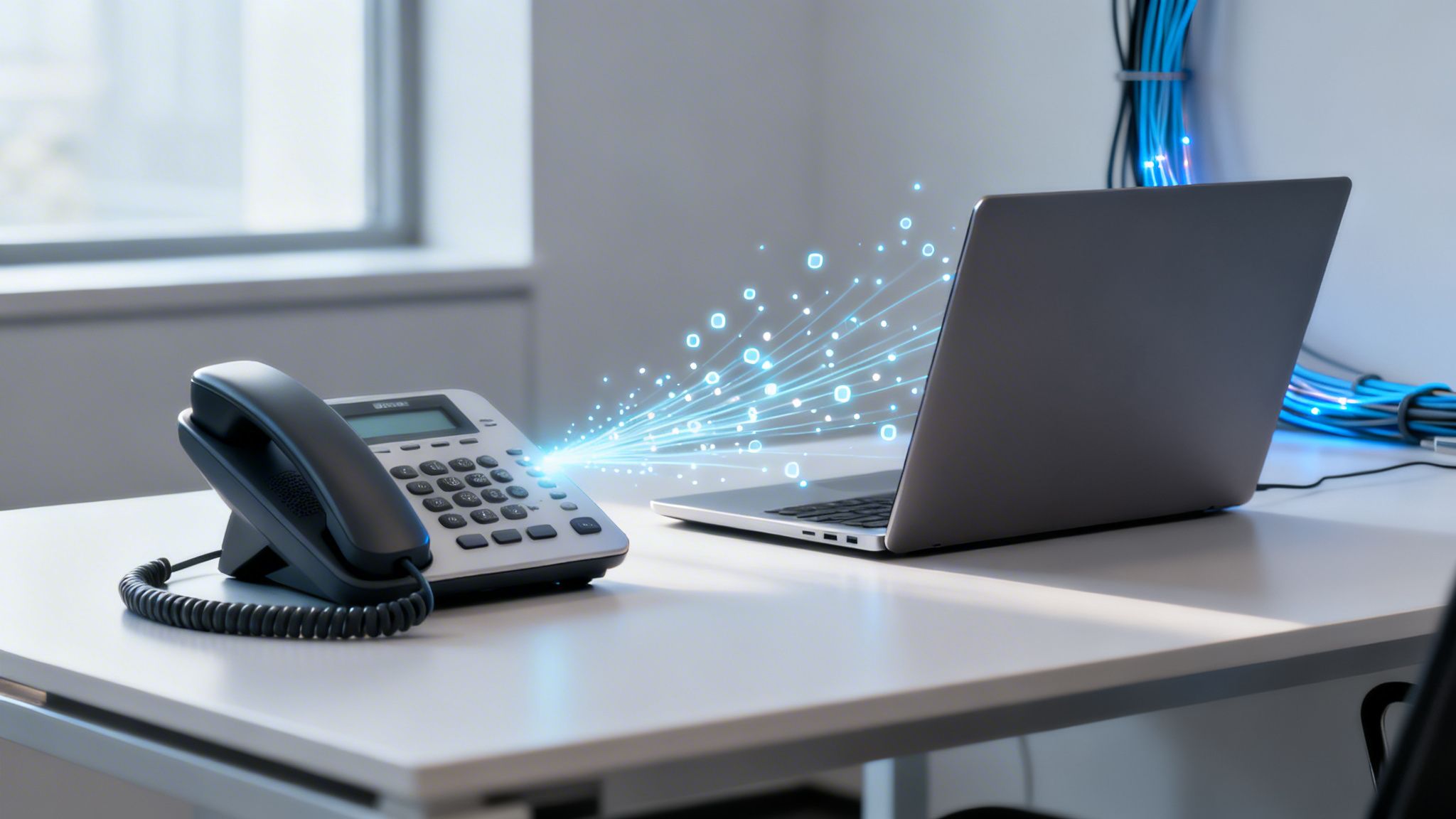 VoIP desk phone transferring digital data as glowing lines to a laptop on a modern office desk.