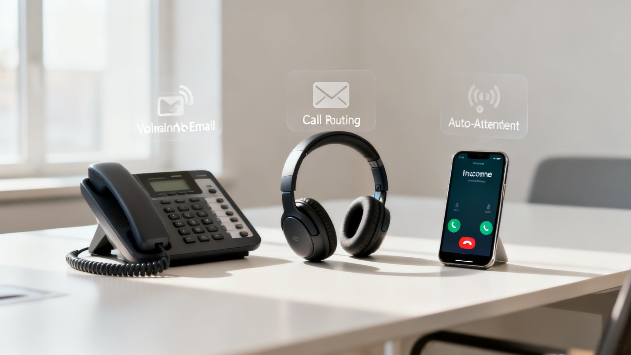 Modern office desk showcasing VoIP phone system features like voicemail, call routing, and auto-attendant.