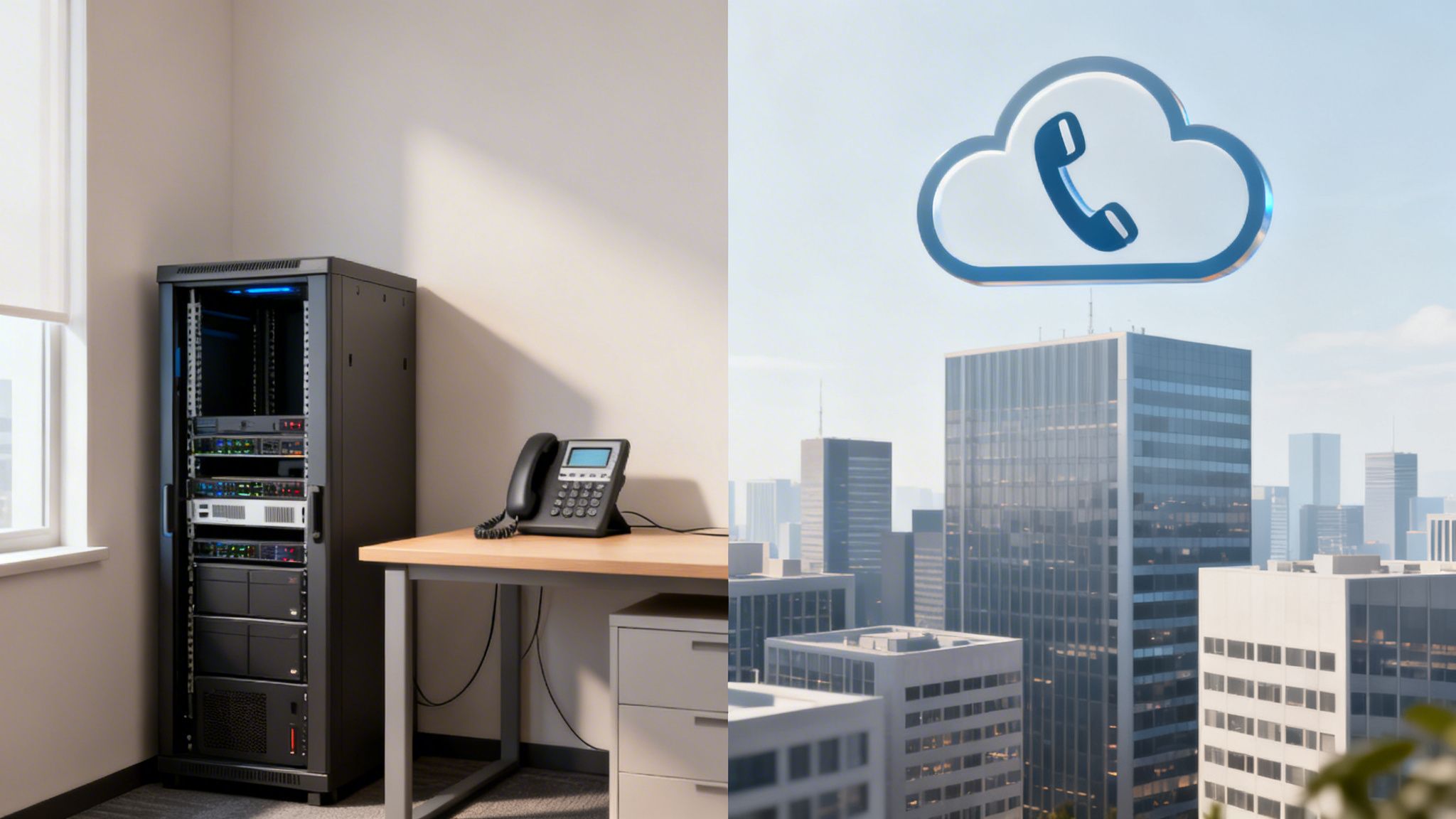 Transition from on-premise phone systems with server racks to modern cloud VoIP solutions.