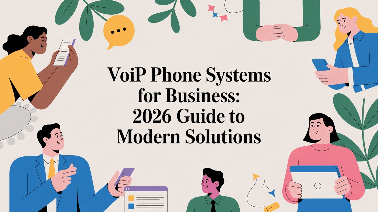 Illustration of diverse people using phones and tablets around the text: VoIP Phone Systems for Business: 2026 Guide to Modern Solutions on a beige background with leaf decorations and speech bubbles.