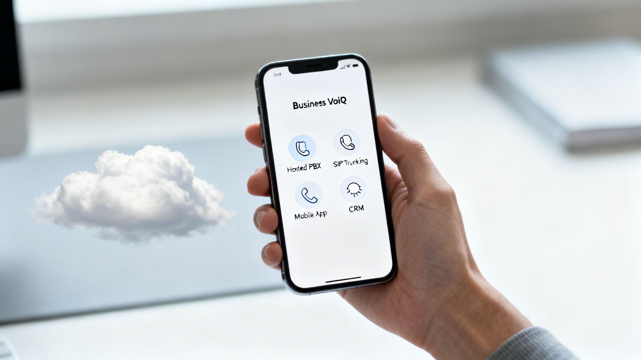A hand holds a smartphone displaying Business VoiQ services for Hosted PBX and SIP Trunking, next to a cloud.
