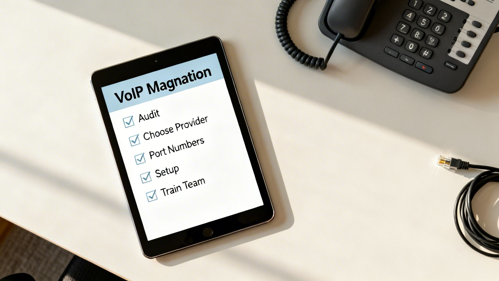 A tablet on a desk shows a 'VoIP Magnation' checklist with all tasks completed, next to a desk phone and Ethernet cable.
