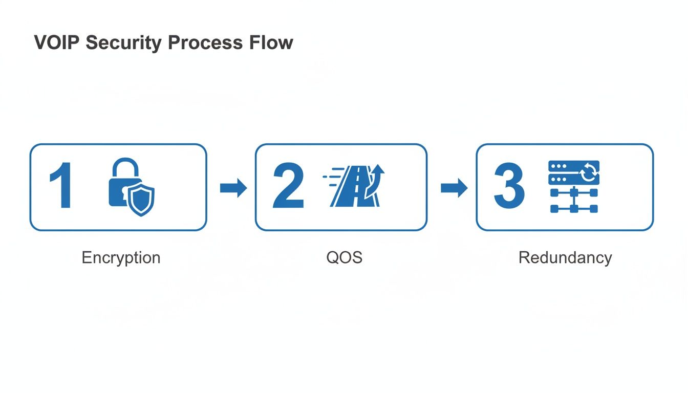 VOIP Security Process Flow diagram showing Encryption, QOS, and Redundancy steps.