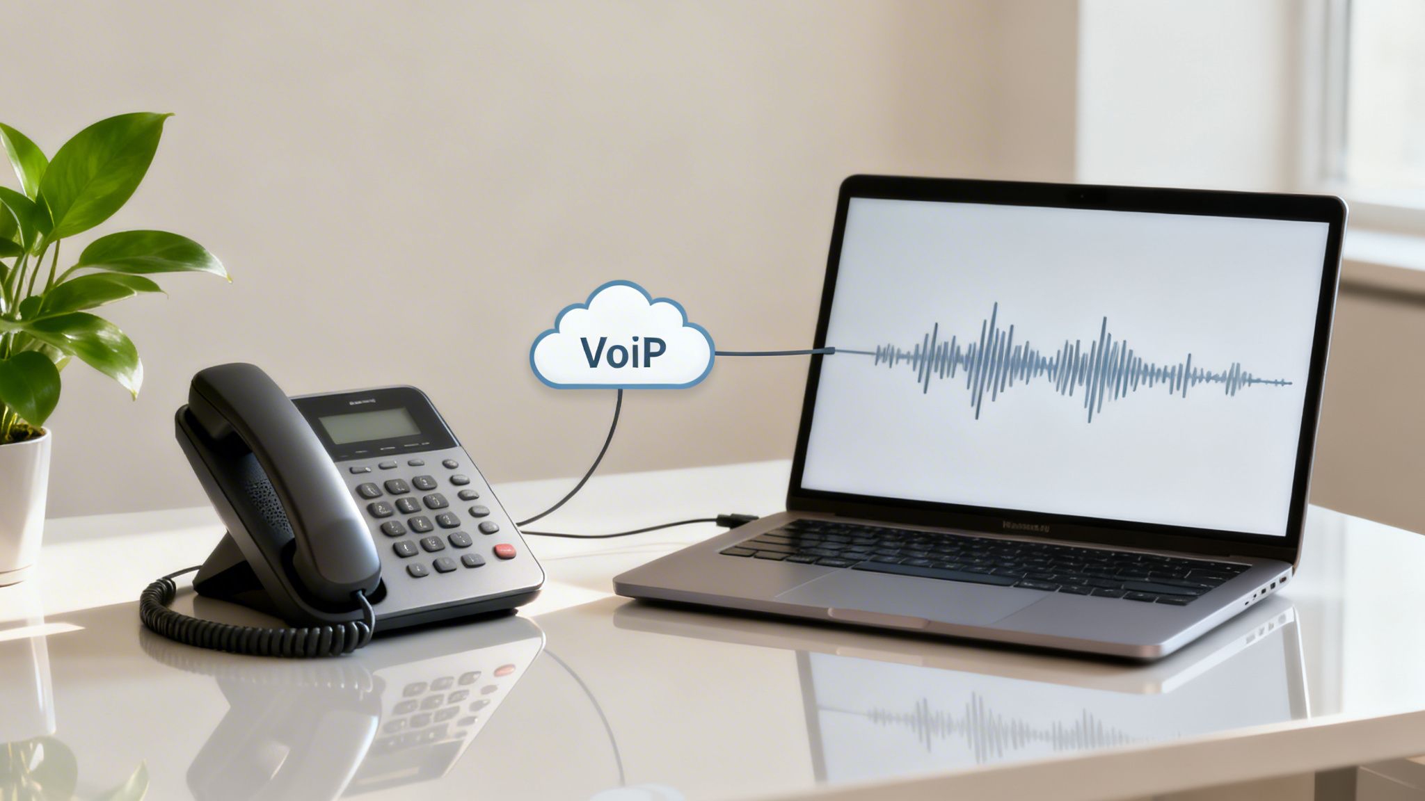 Modern desk setup with a VoIP desk phone, laptop showing sound waves, and VoIP cloud connection.