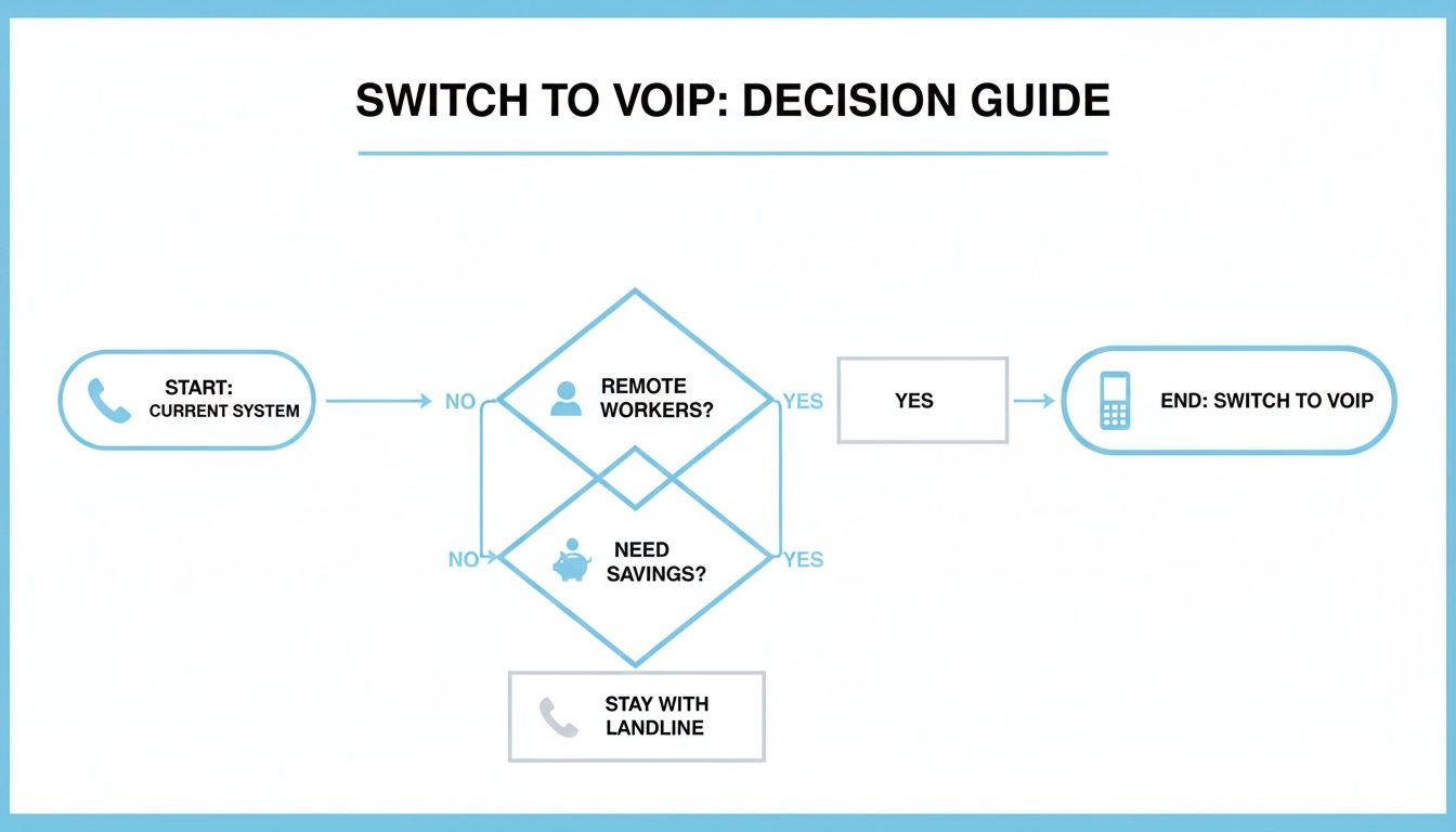 A decision guide flowchart for switching to VoIP, considering remote workers and potential savings.