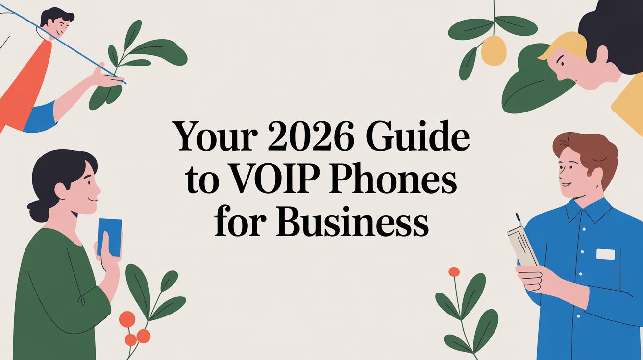 Illustration of four people surrounding large text that reads, “Your 2026 Guide to VOIP Phones for Business,” with leafy branches and a lemon in the corners.