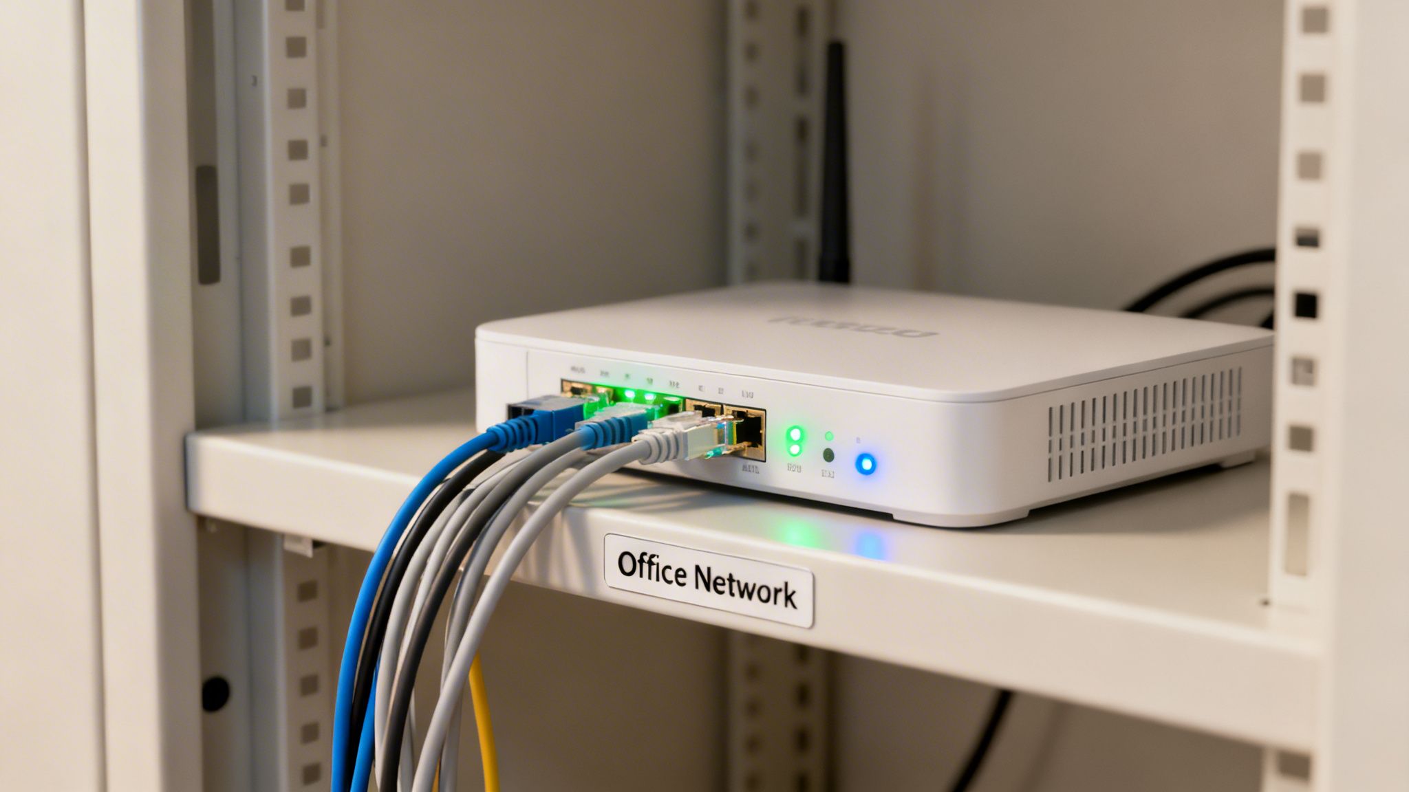 A white network router with multiple colorful Ethernet cables connected, displaying active indicator lights on a shelf labeled "Office Network".