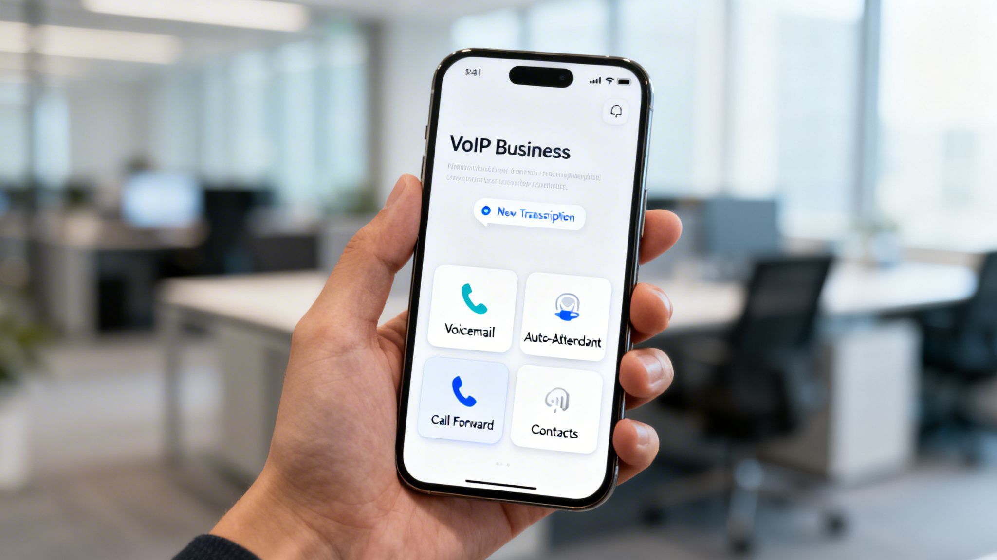 A hand holds a smartphone displaying a VoIP business app with options for Voicemail and Call Forward.