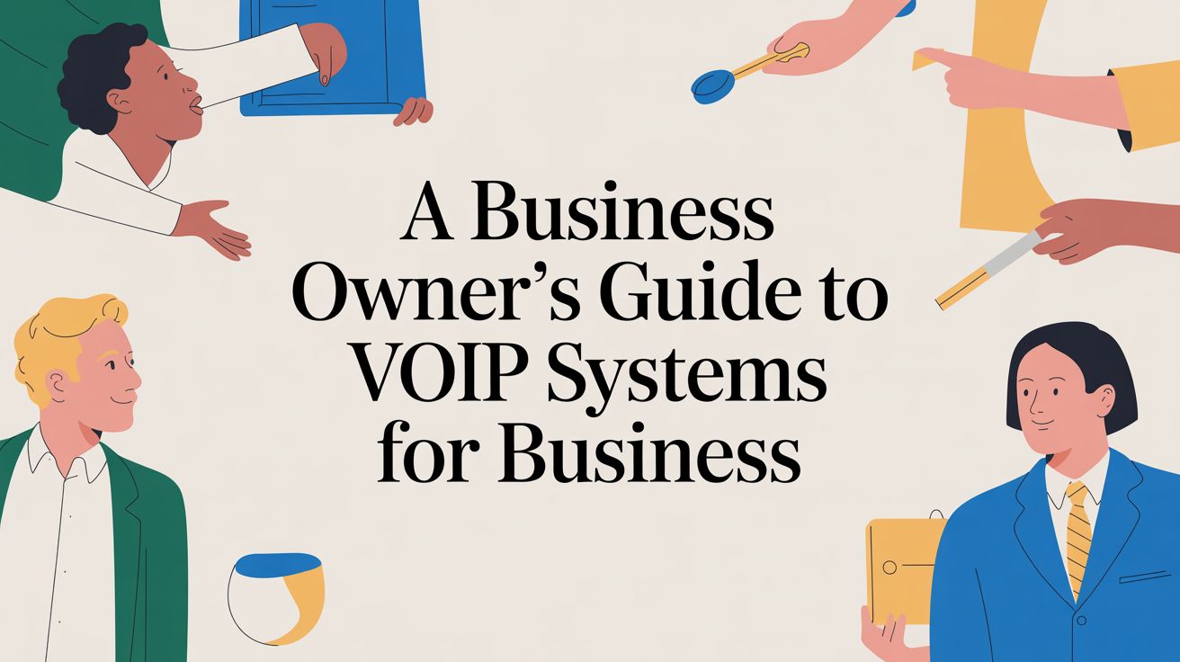 Four illustrated people surround the text A Business Owner’s Guide to VOIP Systems for Business, each appearing to discuss or gesture towards business-related items like papers and a briefcase.