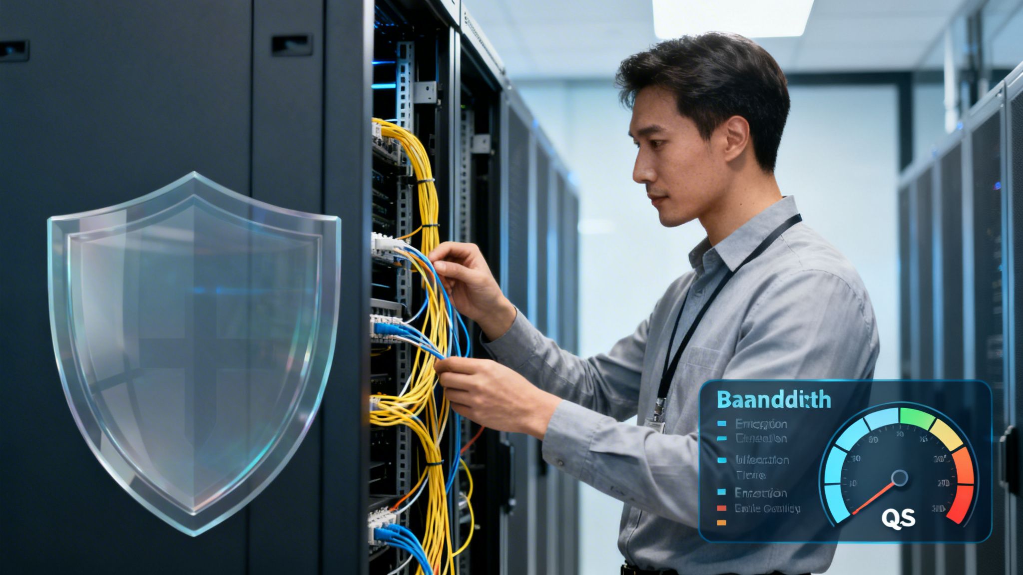 Asian IT technician connecting network cables in a server room with holographic security shield and data dashboard.
