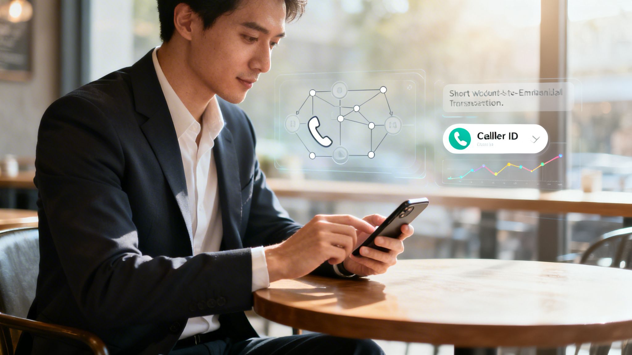 Man in suit uses smartphone, interacting with futuristic digital call network and caller ID interface.
