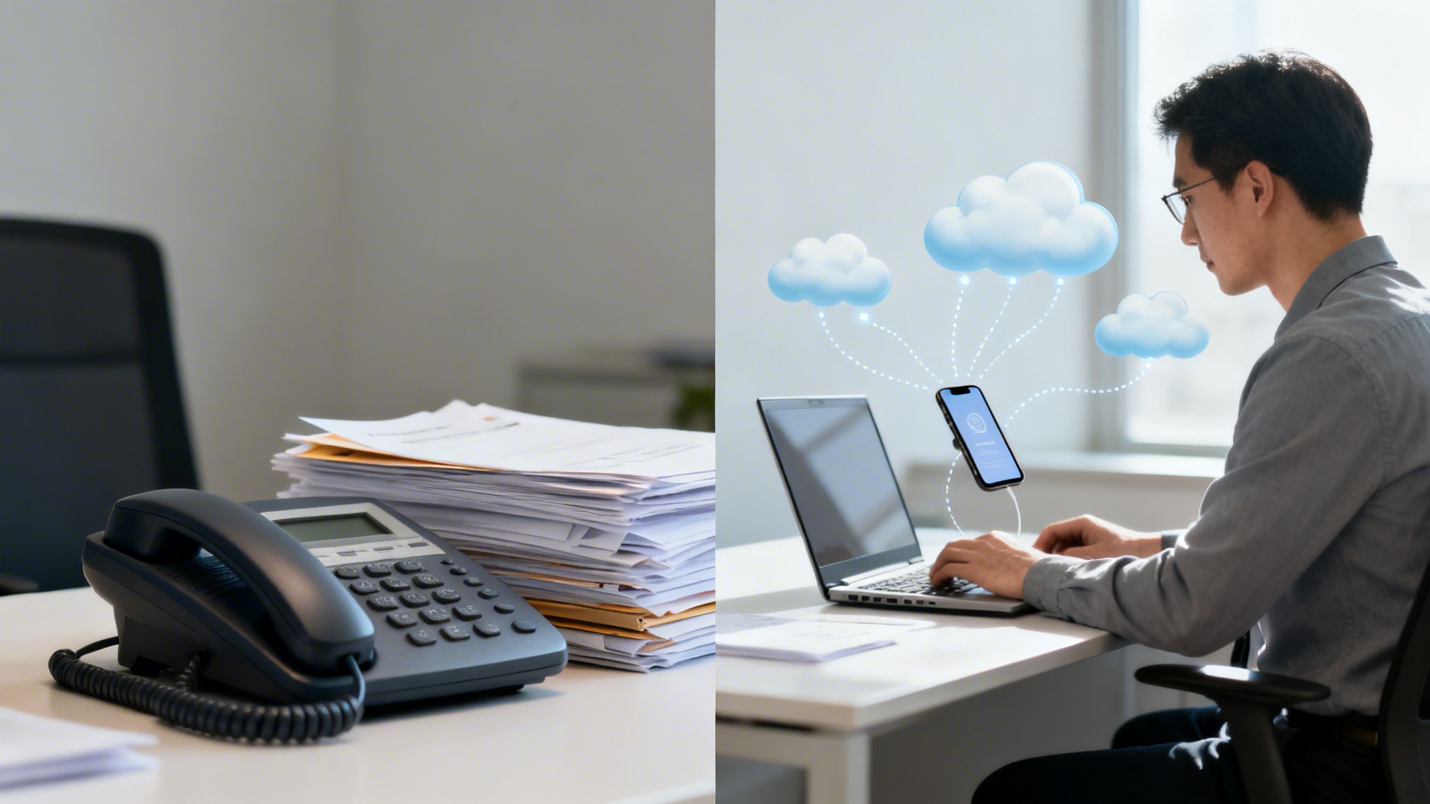 Image contrasting traditional office desk with landline phone and papers against modern cloud computing setup with laptop and smartphone.