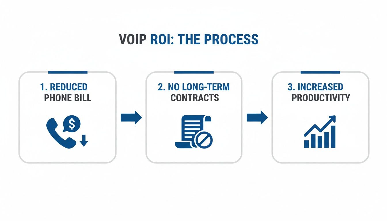 Infographic showing the VoIP ROI process: reduced phone bills, no long-term contracts, and increased productivity.