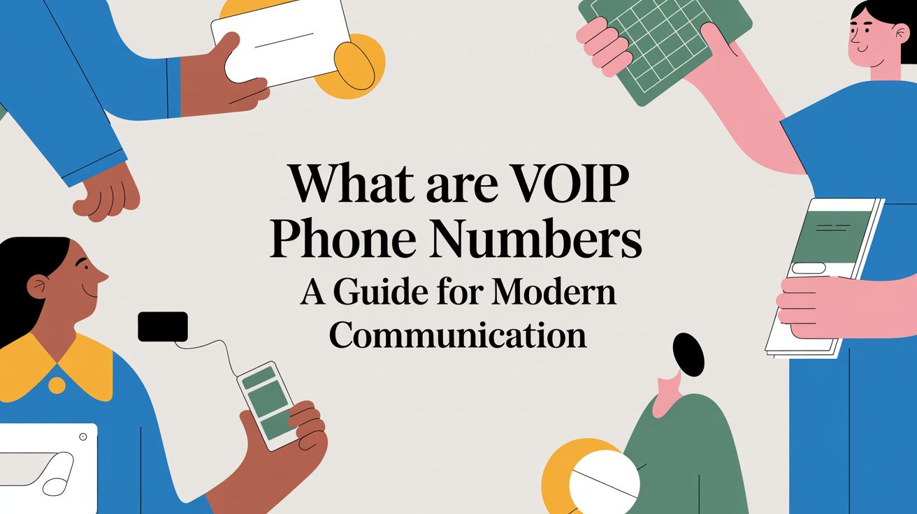 Illustration of diverse people holding phones, tablets, and devices around bold text that reads: What are VOIP Phone Numbers: A Guide for Modern Communication.
