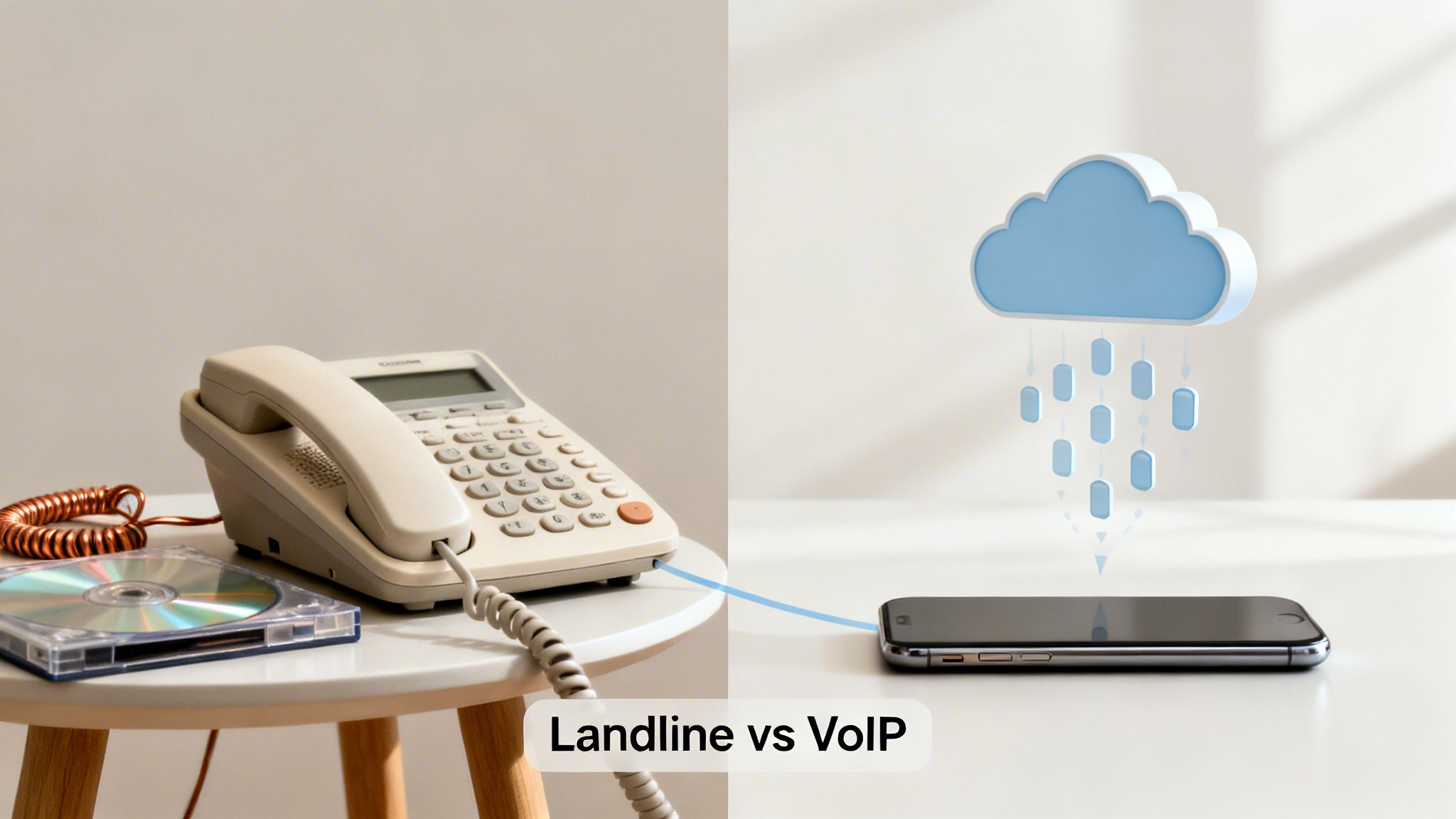 Side-by-side comparison of a landline phone and a smartphone illustrating Landline vs VoIP technology.