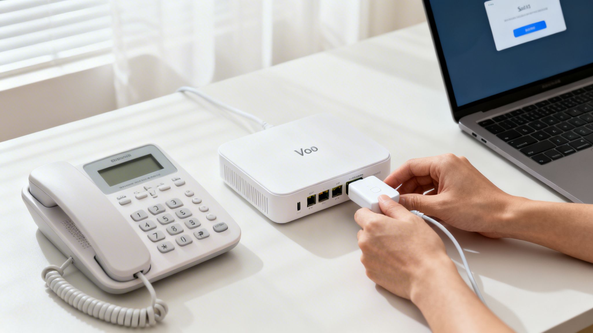 Hands plug a white cable into a Voo modem, with a landline phone and laptop on a clean desk.