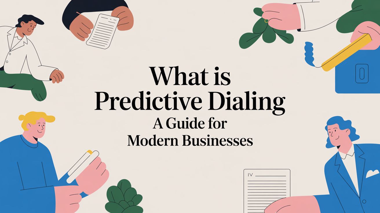 Illustration of diverse people holding office supplies and paperwork, surrounding the text: What is Predictive Dialing: A Guide for Modern Businesses on a light background with decorative leaves.