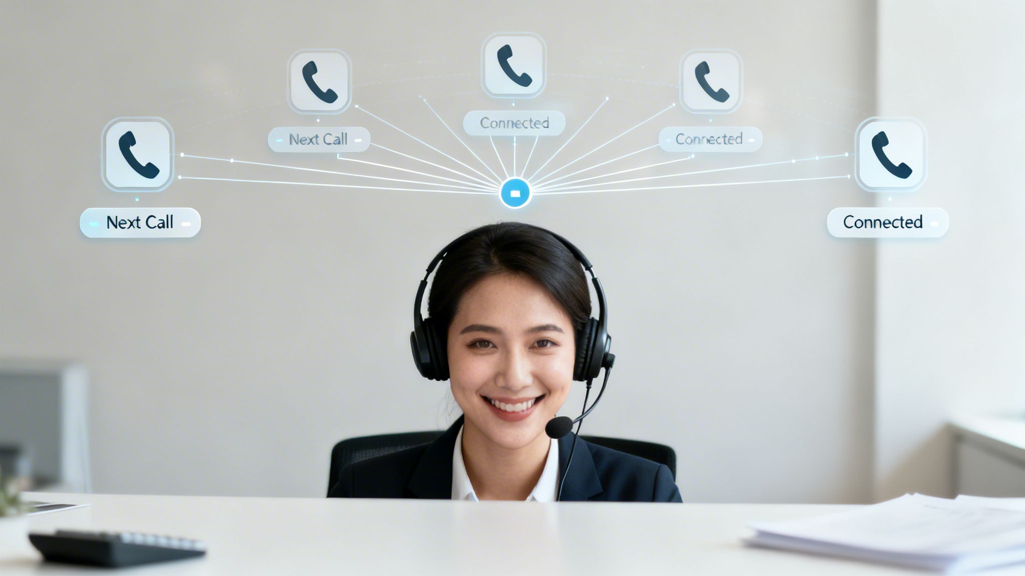 Smiling call center agent with a headset manages multiple virtual calls, showing 'Next Call' and 'Connected' statuses.
