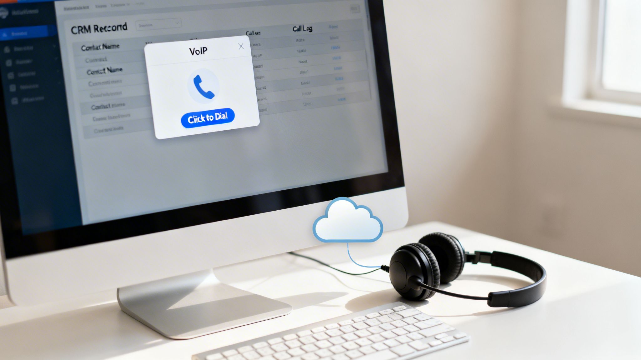 A computer screen displays a VoIP 'Click to Dial' pop-up with headphones and a cloud icon on a desk.