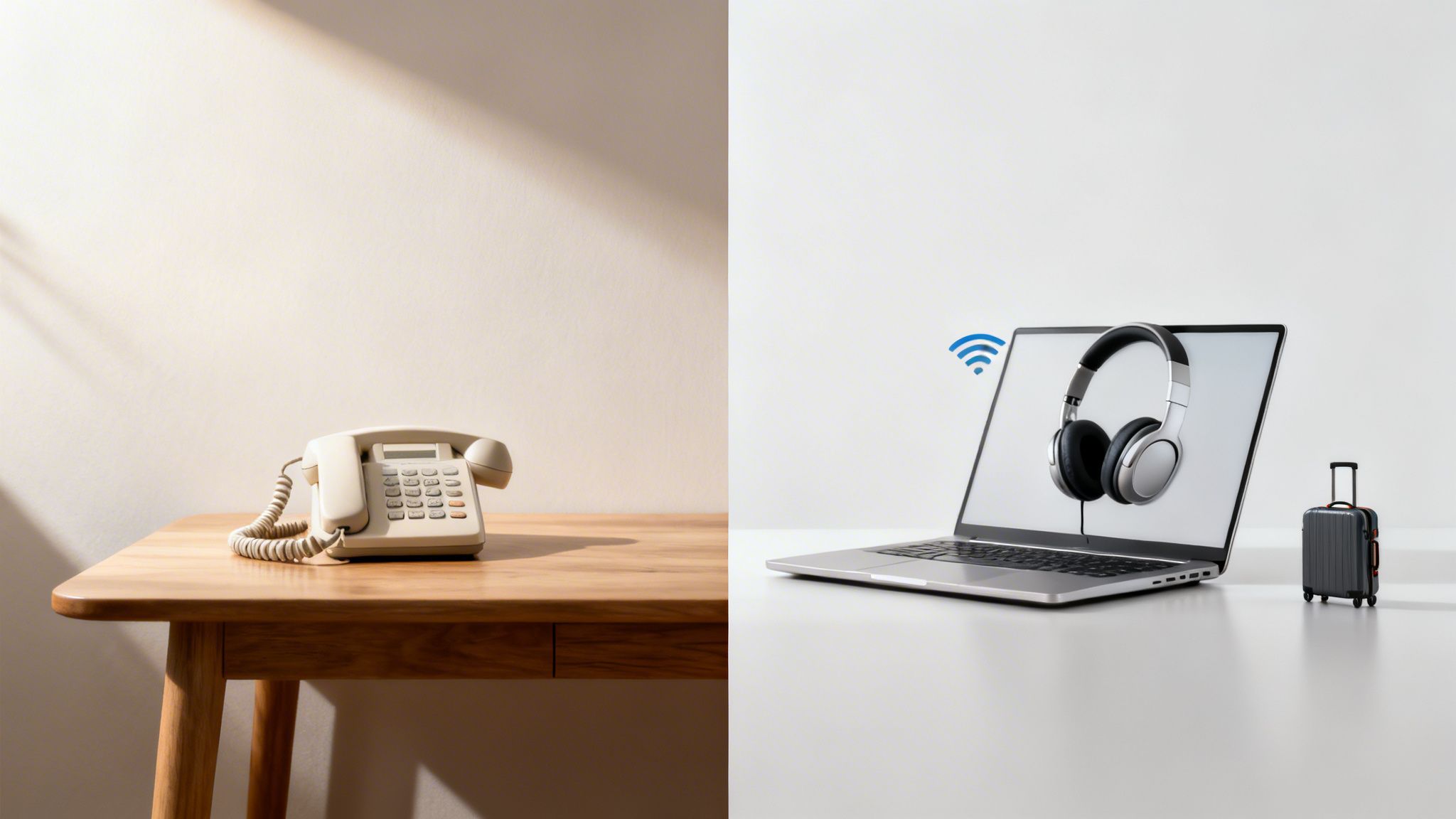 An old landline phone on a wooden table next to a modern laptop with headphones, Wi-Fi, and a suitcase.