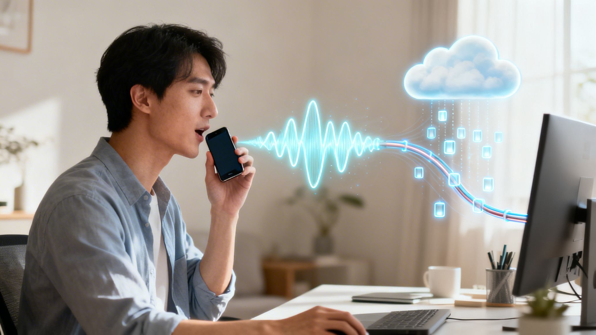 Asian man uses voice assistant on smartphone, data streams to cloud and desktop computer.