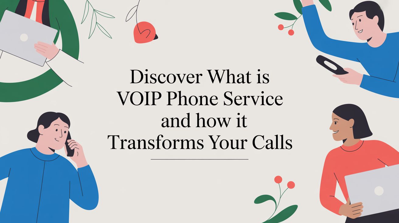 Illustrated people using phones and laptops surround the text, Discover What is VOIP Phone Service and how it Transforms Your Calls, with decorative leaves and abstract shapes.