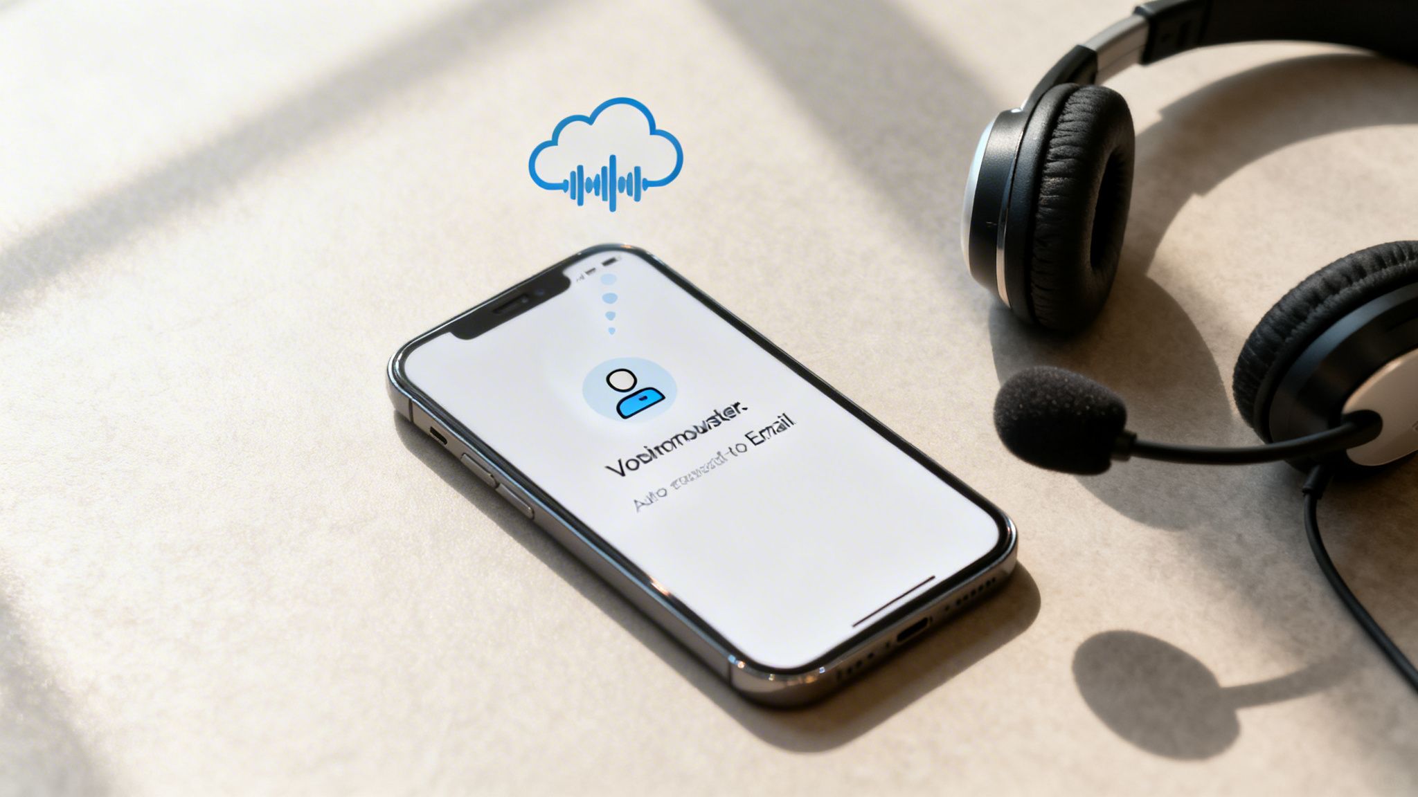 A smartphone displaying voicemail-to-email service, with a cloud icon and headset.
