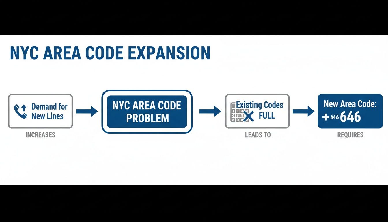A flowchart explaining NYC area code expansion due to increased demand and full existing codes, requiring 646.