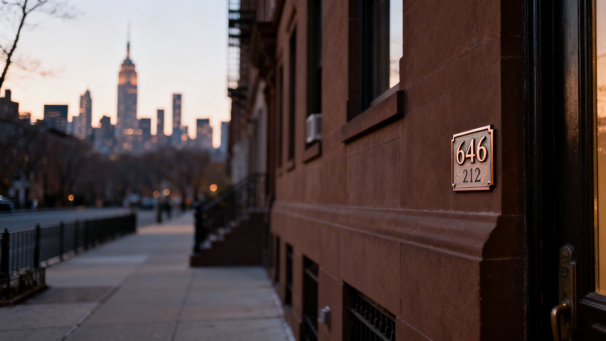 A brownstone building with a '646 212' plaque on its facade, street and blurred New York City skyline in background.