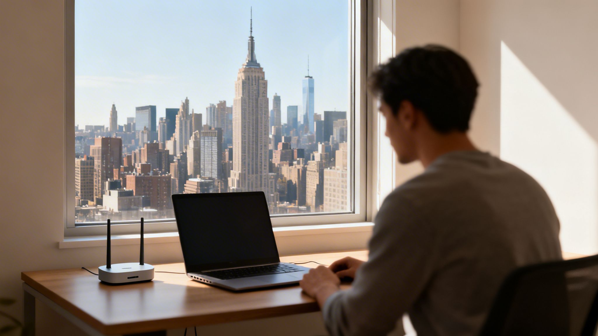 A person works on a laptop at a desk with a router, overlooking a New York City skyline.