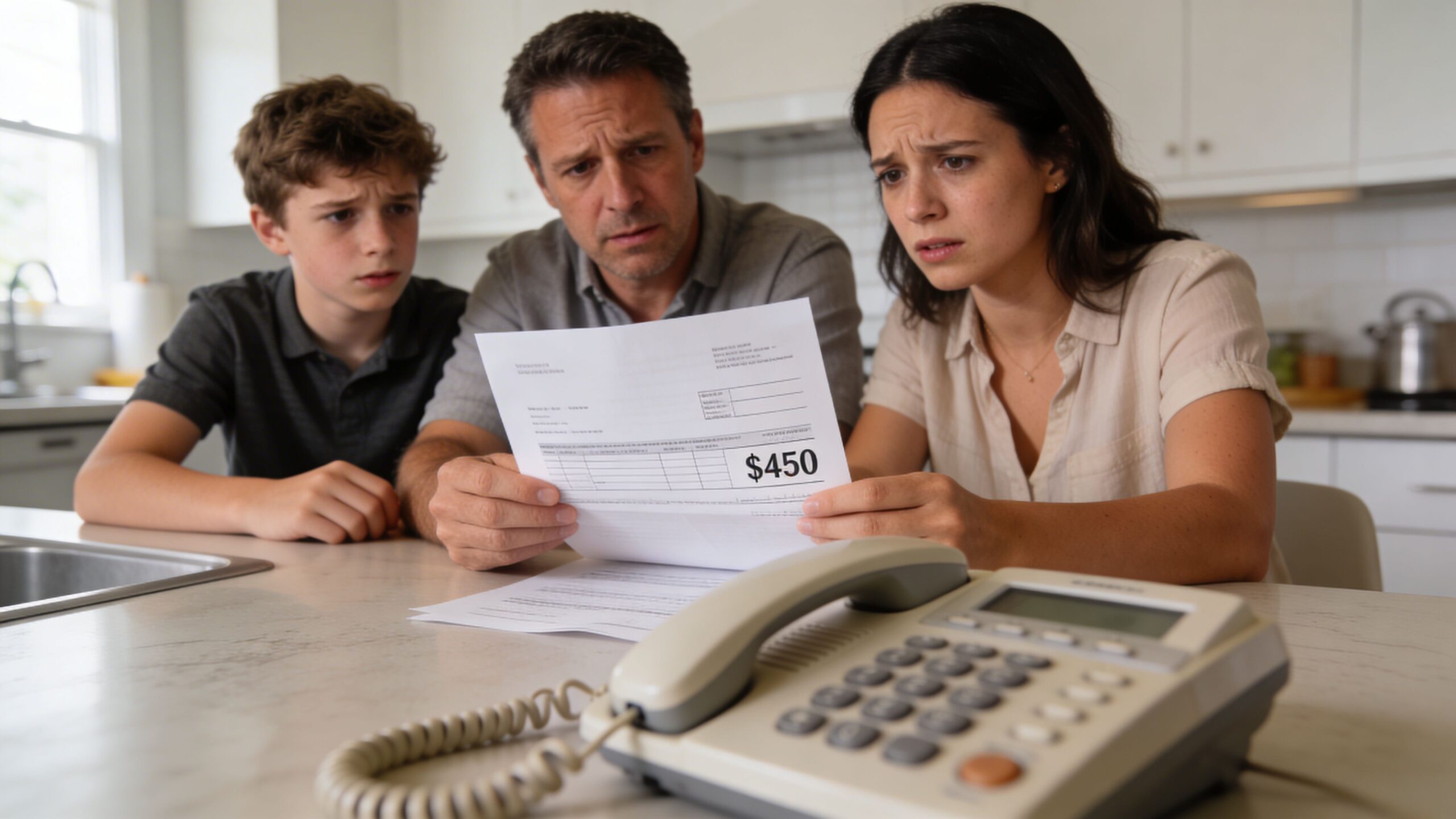 A concerned family sits at a kitchen counter reviewing a high bill with an office telephone nearby.