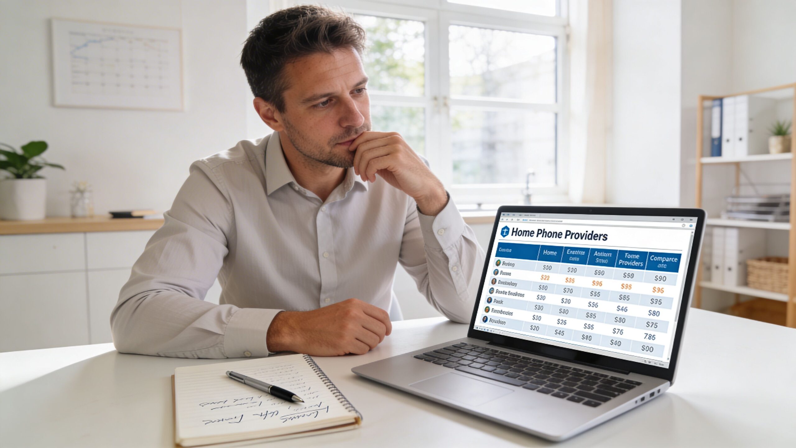 A professional man reviewing a comparative table of home phone service providers on his laptop screen.