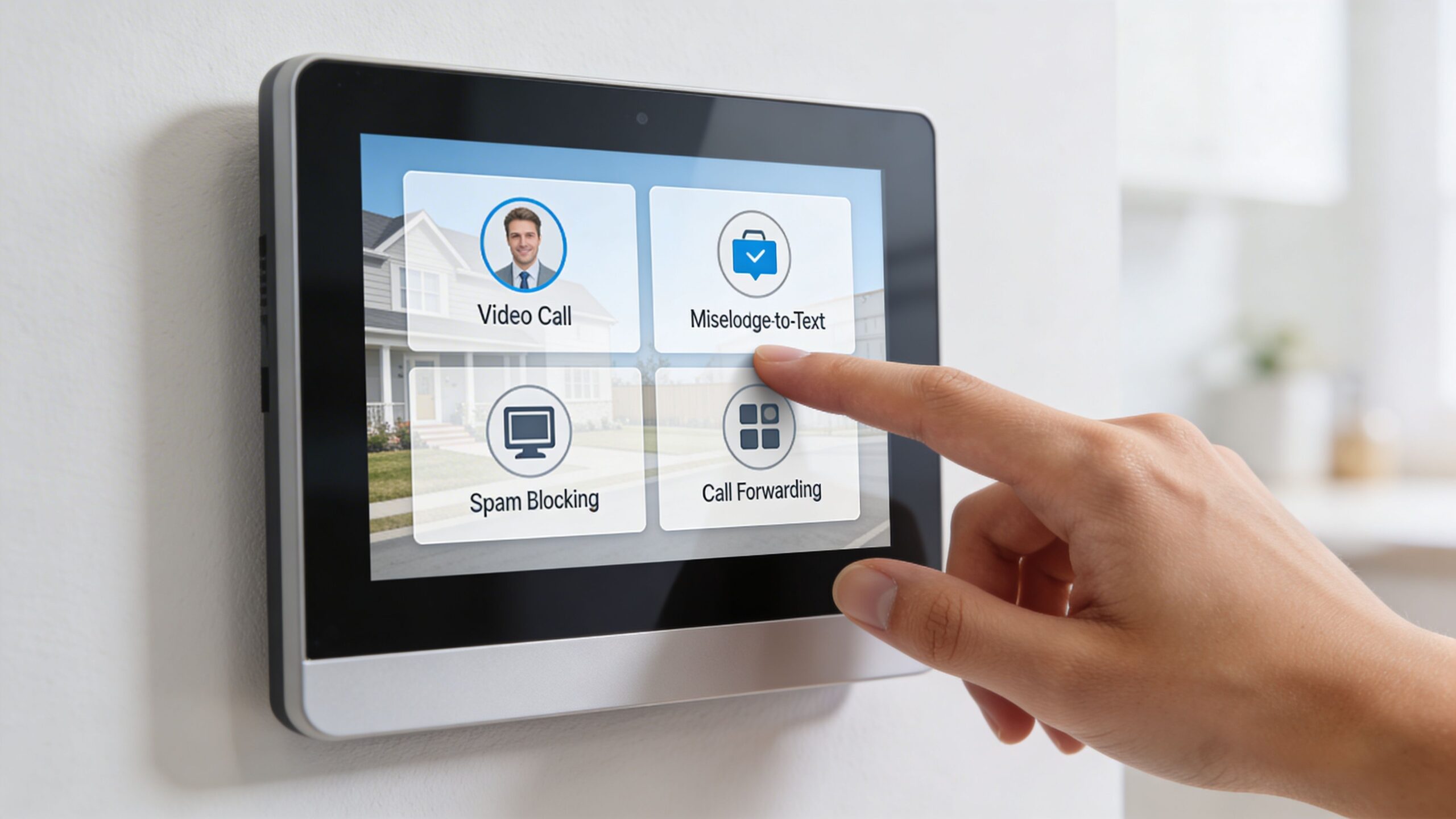 A hand touching a smart home touchscreen panel displaying features like video call and call forwarding options.