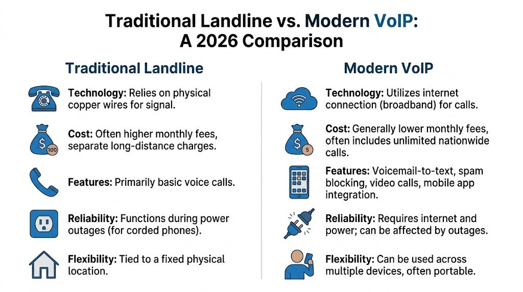 A comparison chart highlighting the differences between traditional copper-wire landline services and modern internet-based VoIP phone systems.