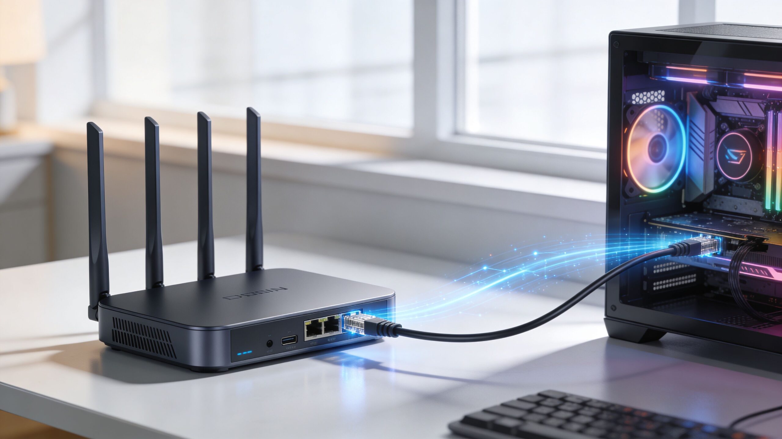 A modern gaming router connected via ethernet cable to a high-performance computer setup on a desk.