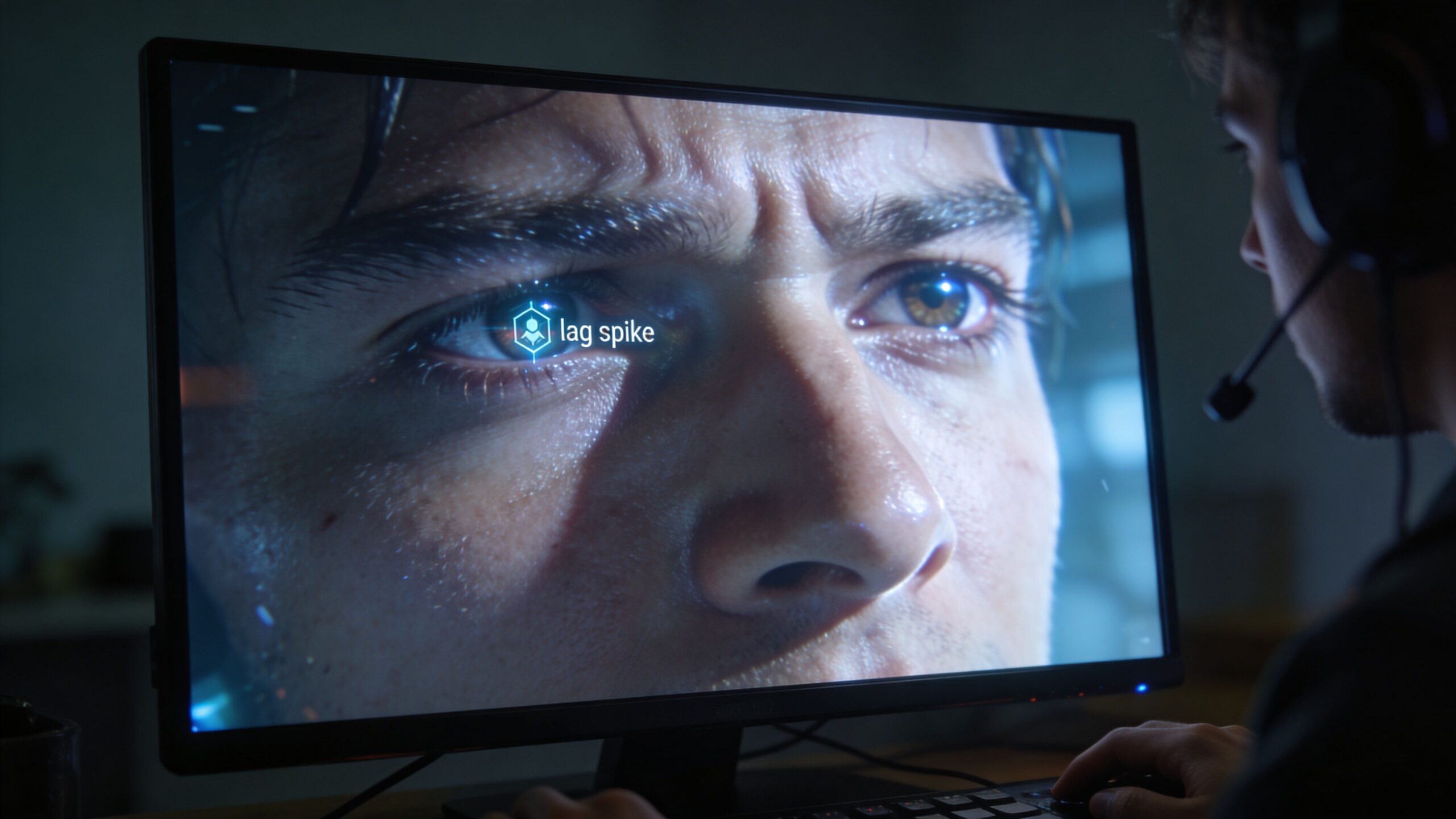 A gamer experiencing a lag spike during an intense session while staring at a close-up monitor.