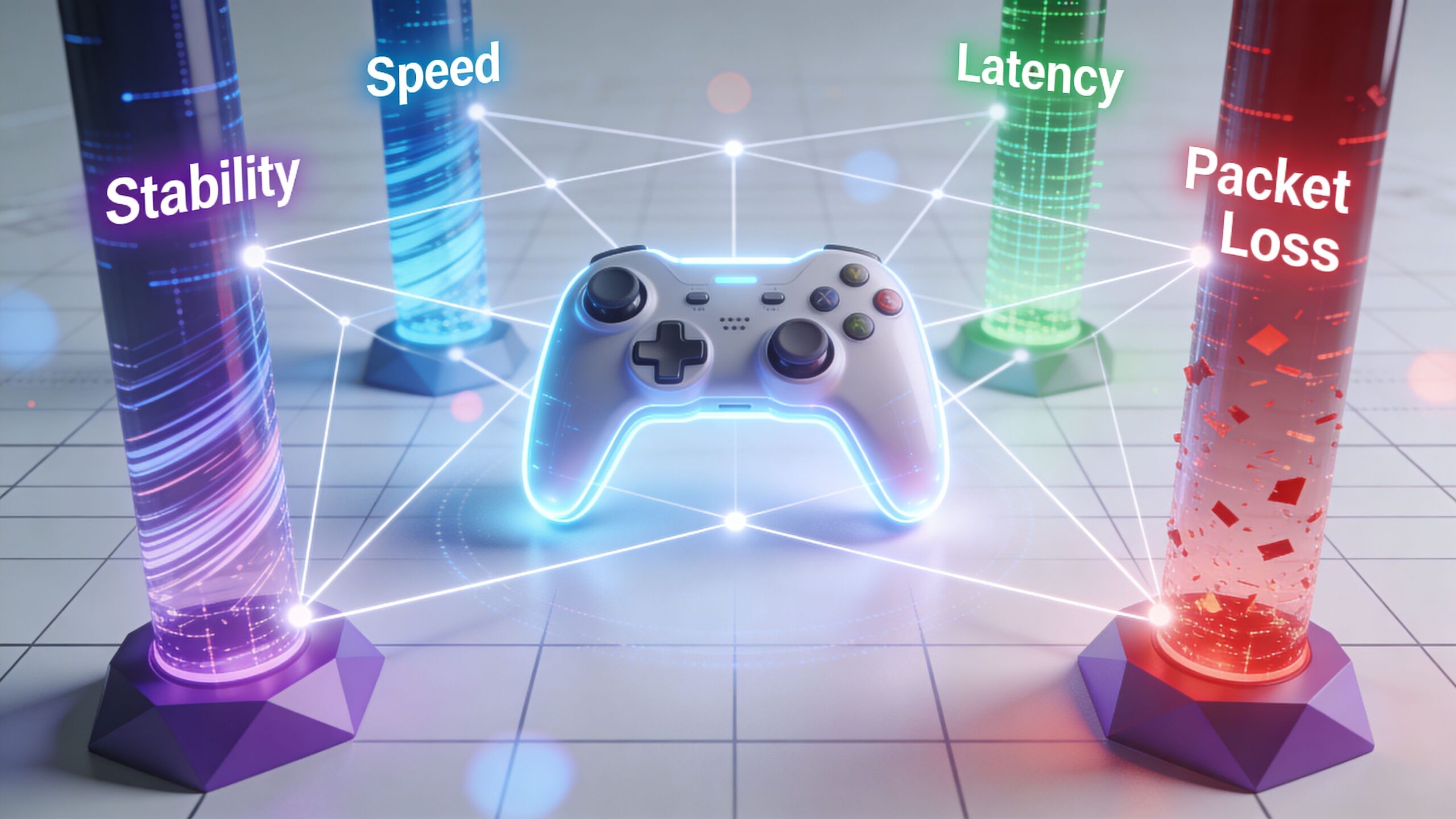 A futuristic gaming controller connected to four glowing pillars representing network stability, speed, latency, and packet loss.