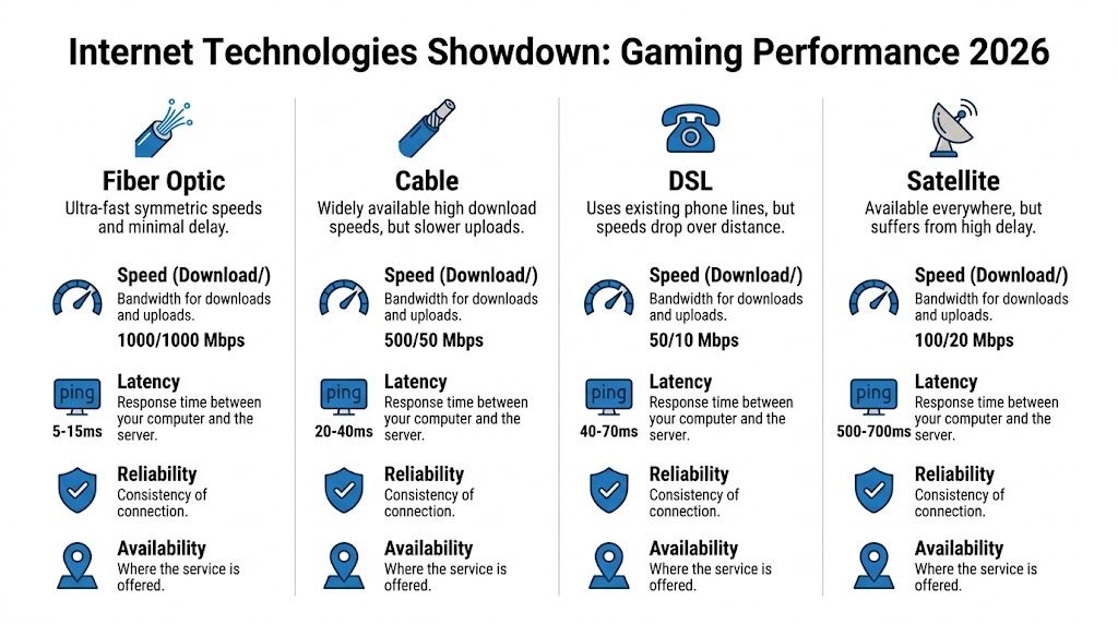 A comparison chart of 2026 internet technologies including Fiber Optic, Cable, DSL, and Satellite gaming performance.
