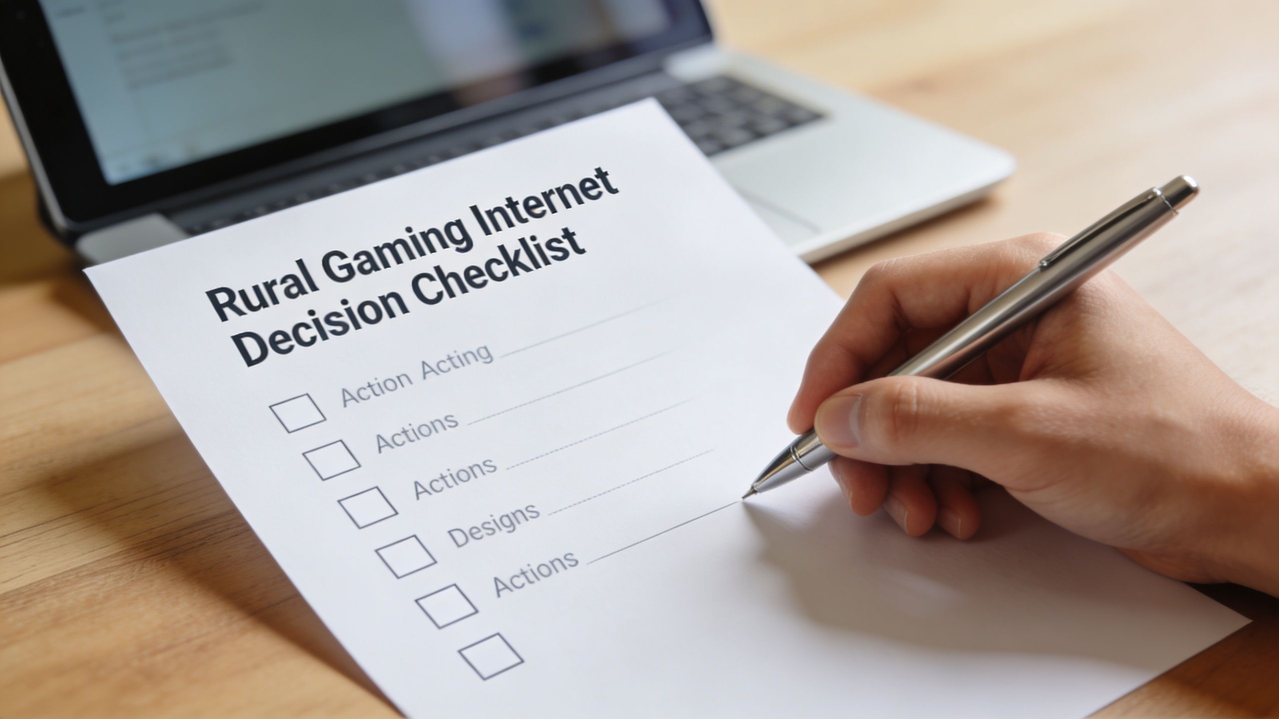 A person writing on a Rural Gaming Internet Decision Checklist paper next to a laptop.