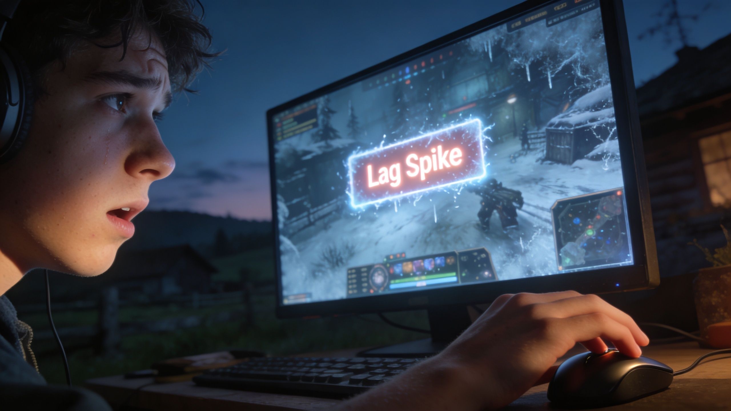 A frustrated young gamer looking at a computer screen showing a lag spike during a snowy game.